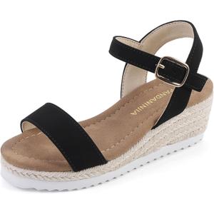 PANDANINJIA Girls Wedge Sandals Platform Espadrille Little Big Kid Girls Heels Open Toe Summer Dress Shoe Size 6 Black Nubuck