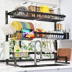 ADBIU Over The Sink Dish Drying Rack (Expandable Height and Length) SnapOn Design 2 Tier Large Dish Rack 31-39.4L x 12W x 34-38H inches