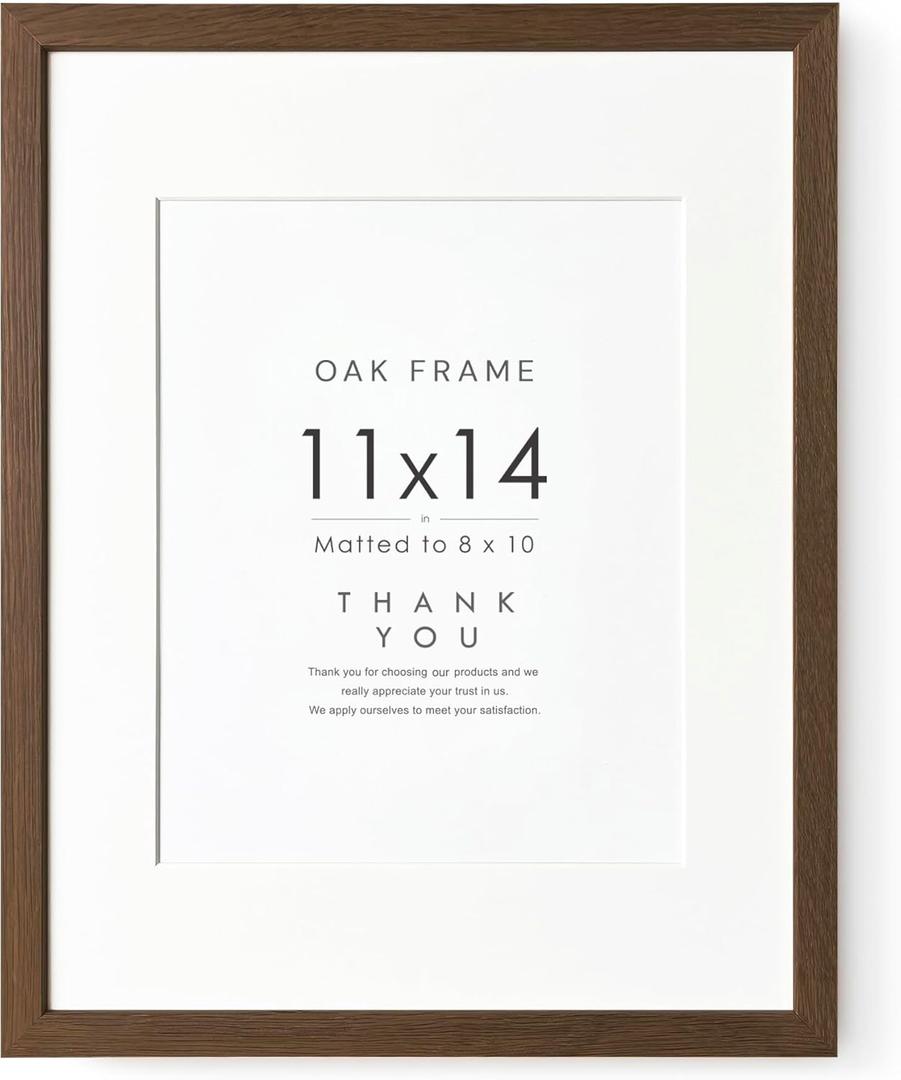 11x14 Picture Frame, Solid Oak 11x14 Photo Frame with Mat to 8x10 (Opening Size is 7.6x9.6), 14x11 Wooden Frames for Wall, (Walnut Set of 1)