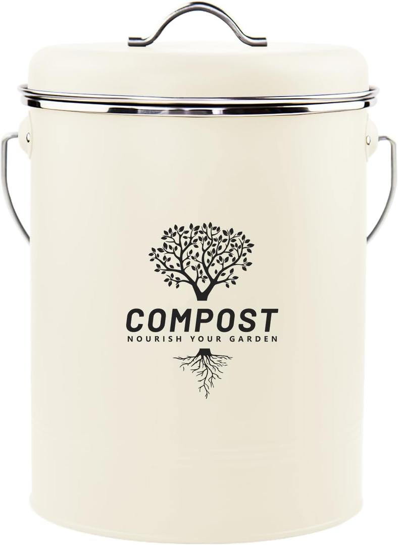 Kitchen Countertop Compost Bin, Odor Resistant Indoor Compost Bin with Lid and Charcoal Filter, Rust Resistant Coated Compost Bucket, Compost Container, Cream (Medium)
