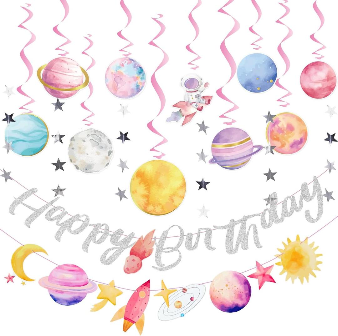Pre-strung Space Party Decorations for Girls, Pink Space Themed Party, Pastel Outer Space Party Decorations, with 2 Banners, Solar System Planet Swirl Streamers, Hanging Dazzling Star Garlands for Kids, Girls