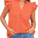 BTFBM Summer Tops for Women 2026 Dressy Casual Embroidered Eyelet Blouses V Neck Ruffle Sleeve Spring Fashion Clothing(Orange, XX-Large) I