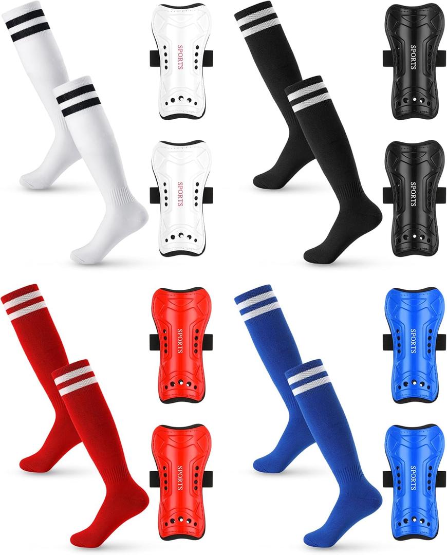 Toulite 4 Sets Soccer Shin Guards and Socks for Youth Kids, Soccer Shin Pads Long Socks for 7-15 Year Old Child, Gear Football Equipment for Boys Girls Toddlers Teenagers (White Black Red Blue)