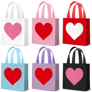 Wesnoy 48 Pieces Valentine's Day Gift Bags Bulk Reusable Classic Valentines Tote Bags with Handles Heart Love Colorful Non Woven Holiday Goodie Basket for Romantic Party Favors, 7.8 x 7.8 x 3.5 Inch
