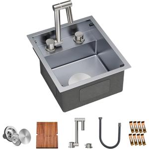 TORVA RV Kitchen Sink, 13 x 15 x 7 Inch Undermount Bar Sink 16 Gauge Stainless Steel Single Bowl Sink with Foldable Faucet Cutting Board, Grey