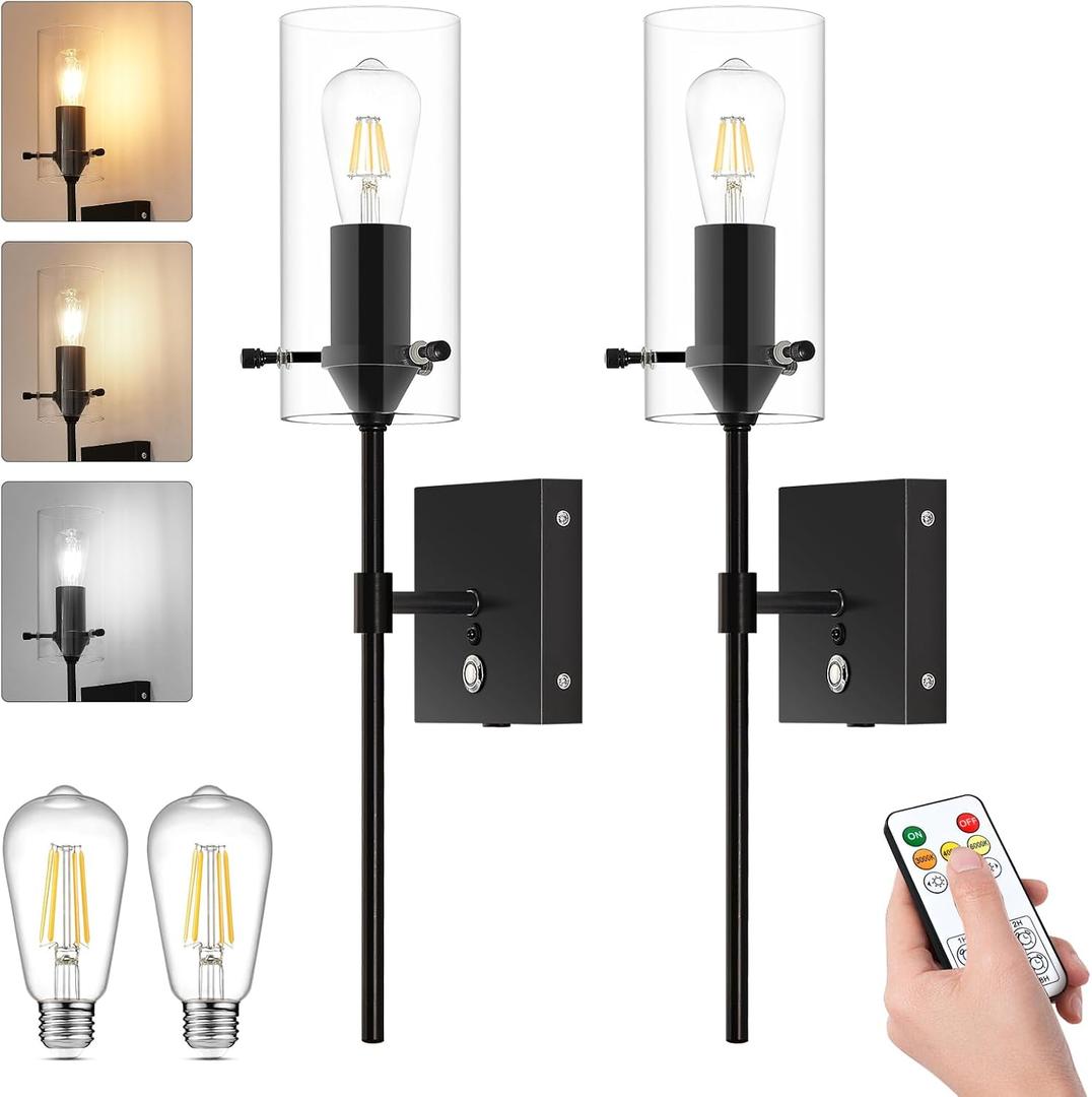 3-Color Battery Operated Wall Sconces Set of 2 with Remote, Dimmable Indoor Wireless Wall Light, Black Indoor Battery Powered Wall Lamp with Timer for Bedroom, Living Room, Bulb Included, 2-Pack
