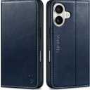 SHIELDON Real Leather Wallet Case for iPhone 17 6.3-inch 2025 | Magnetic Closure | RFID Blocking Card Slot | Kickstand | Shock-Absorbent | Soft Interior Phone Cover | Retro Dark Blue