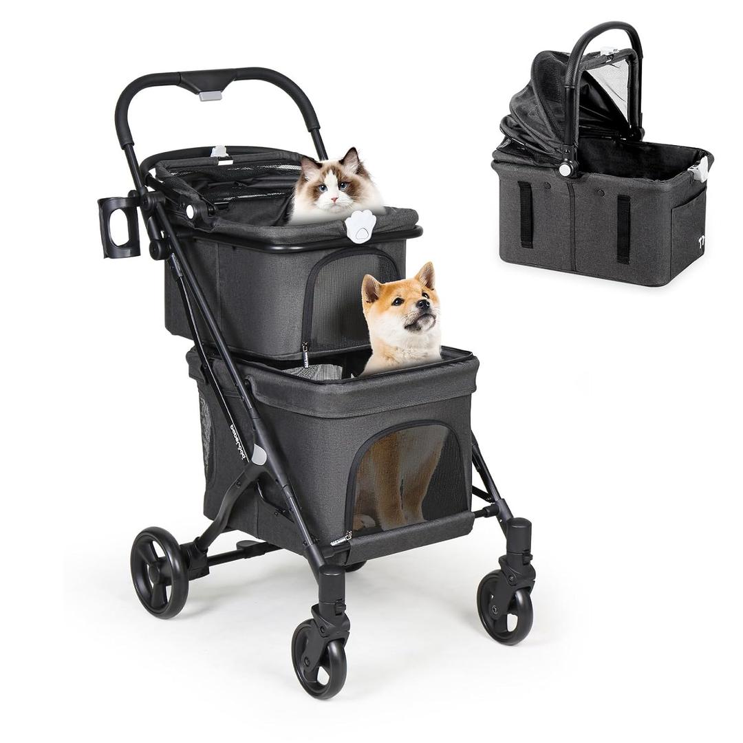 T1 Double Pet Stroller for 2 Small Dogs or Cats, Lightweight Foldable Double Cat Stroller with Detachable Carrier (Black)