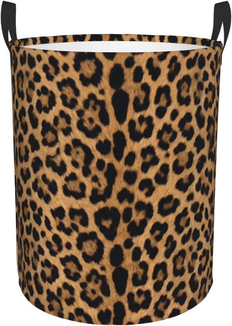 Leopard Cheetah Round Laundry Hamper Wildlife Fur Print Storage Basket Toys Clothes Organizer Bin For Home Bathroom Bedroom Dorm Nursery, 38l