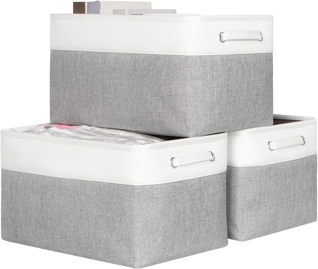 Kntiwiwo Foldable Storage Bin Collapsible Fabric Storage Basket Cube with Durable Handles Closet Organizer Bins for Organizing Shelves Drawers, Set of 3, 17" x 11.8" x 9.8", Grey