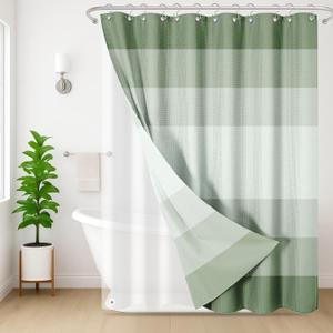 Shower Curtain and Liner, Ombre Green Striped 3 in 1 Shower Curtain and PEVA Liner Set with 12 Rust-Resistant Metal Hooks, Waterproof Fabric Shower Curtains for Bathroom, 72 W x 72 H