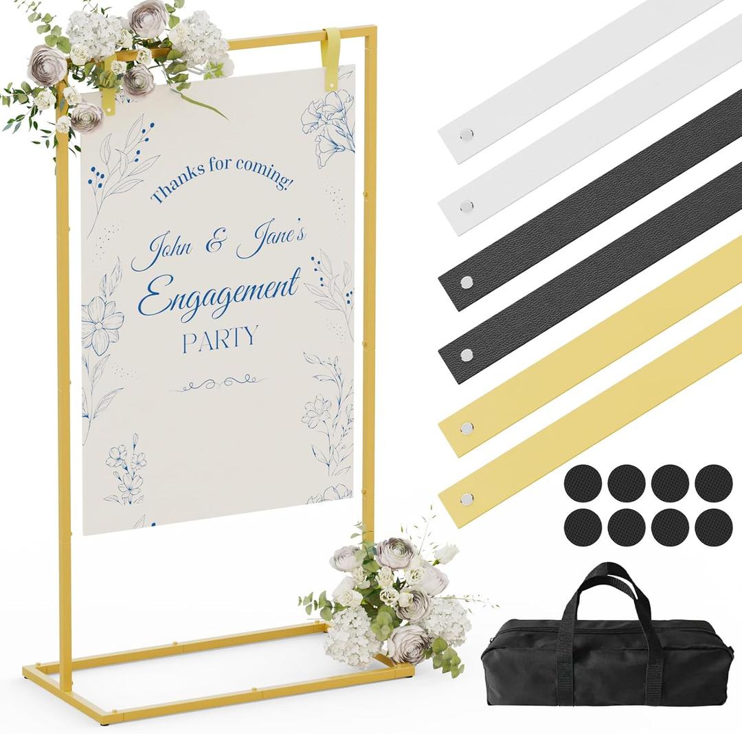 HzTinT Wedding Sign Stand, Adjustable Wedding Welcome Sign Stand with Carry Bag, Leather Hanging Straps, 8 Floor Pads - Gold Easel Stand for Seating Charts & Wedding Decor