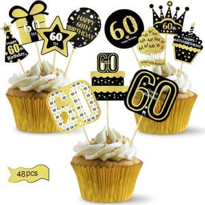 48pcs 60th Birthday Cupcake Toppers Decorations for Men Women, Black Gold 60 Birthday Cake Topper Party Supplies, Happy Sixty Bday Cupcake Picks Decor