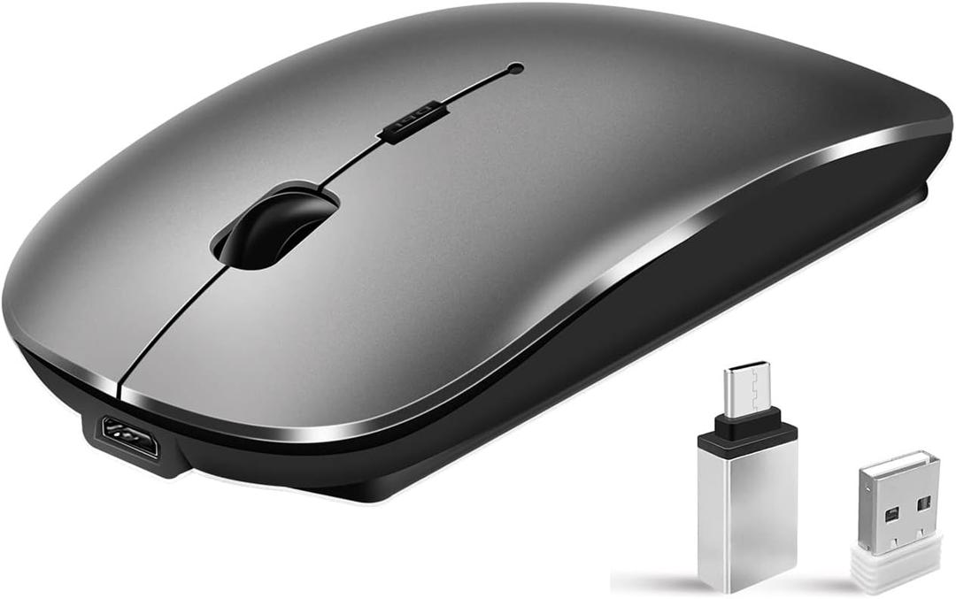 Wireless Mouse for Laptop, Bluetooth Mouse for MacBook Pro/Air/Mac/iPad/Chromebook/Computer -Rechargeale Dual Mode(USB 2.4Ghz + Bluetooth 5.2) Silent Cordless Mice with USB C Adapter,GrayBlack