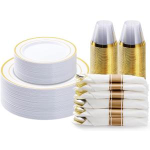 BESTVIP 175PCS Gold Plastic Dinnerware Set, Disposable Party Plates for 25 Guests, Include: 50 Plastic Plates, 25 Pre Rolled Napkins with Gold Silverware, 25 Cups for Christmas, Halloween