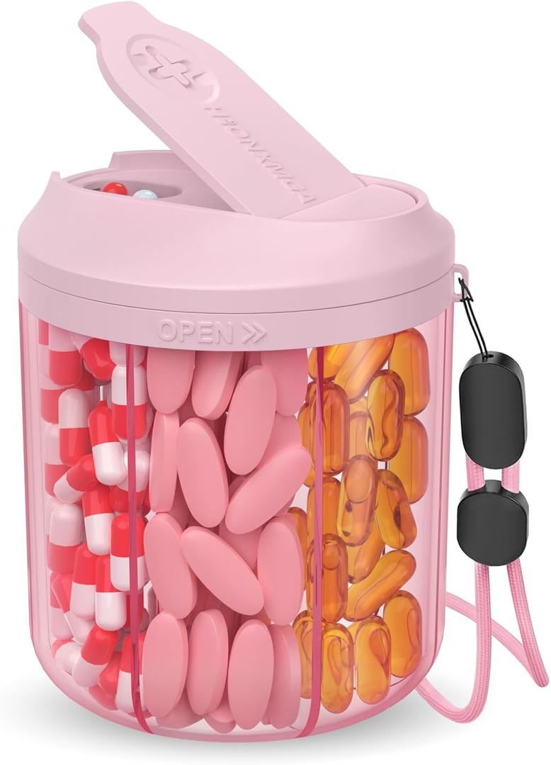 Pill Dispenser with 7 Large Compartments, Pill Bottle Organizer for Travel, Supplement Organizer with Anti-Mixing Design, BPA-Free Pill Container with 20 Pcs Labels, Pink