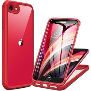 Miracase for iPhone SE Phone Case 3rd/2nd Generation 2022 2020 Full-Body with Built-in Glass Screen Protector, Heavy Duty 360 Protective Shockproof Bumper Cover for iPhone 8/SE 4.7 Inch, Red