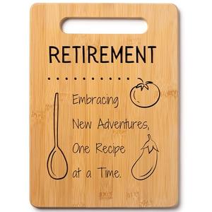 Retirement Gift - Embracing New Adventures, One Recipe at a Time. Decorative Bamboo Cutting Board with Handle, 12" x 8"