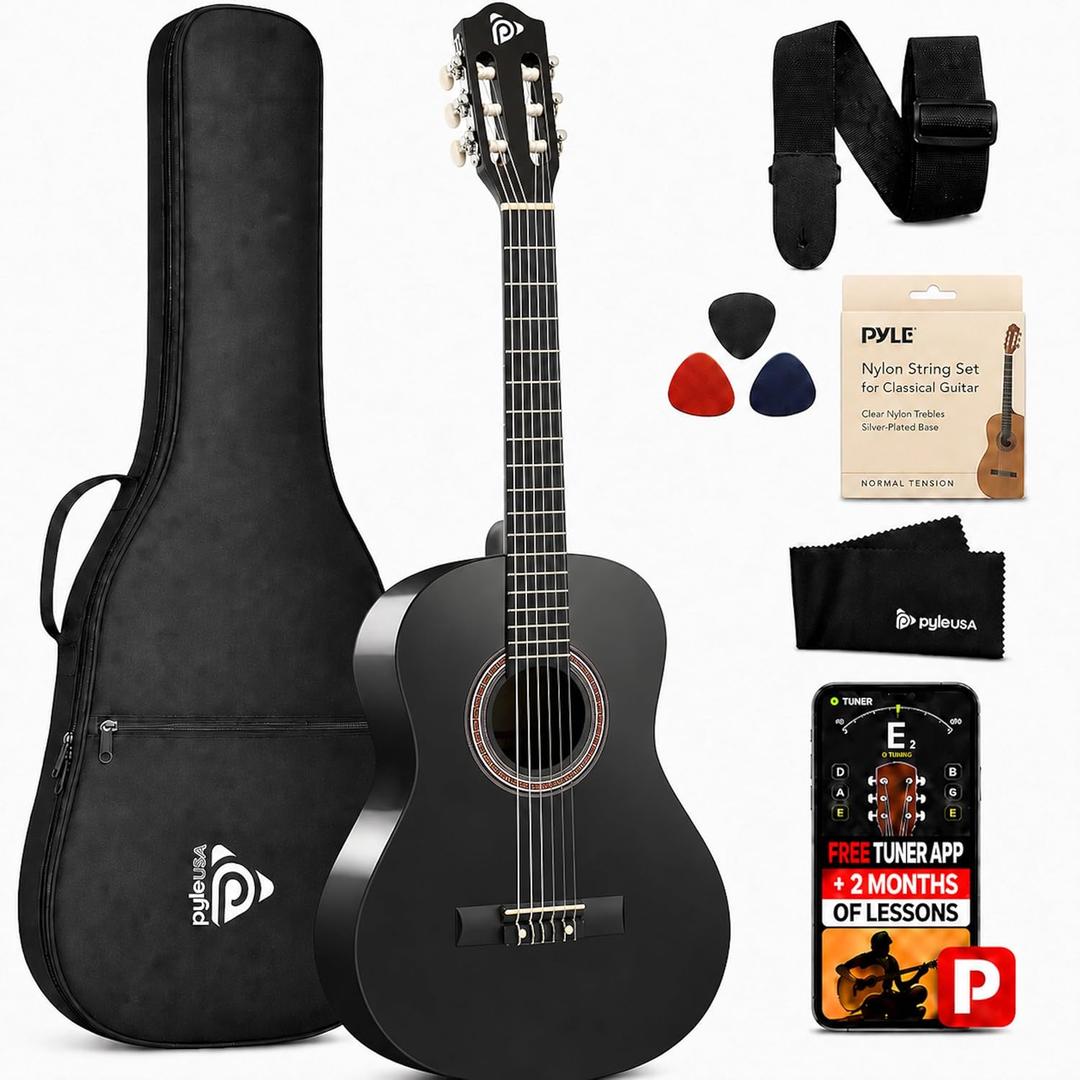 Pyle Classical Acoustic Guitar Kit, 3/4 Junior Size All Wood Instrument for Beginner Kids, Adults, 36" Glossy Black