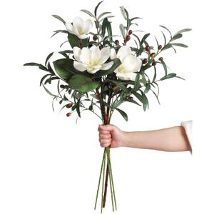 White Silk Magnolia Flowers with Olive Branches for Vases Real Touch White Flower Combo Artificial Olive Branches 30" Long Stem Artificial Flowers for Tall Vase Home Decor Indoor (White)