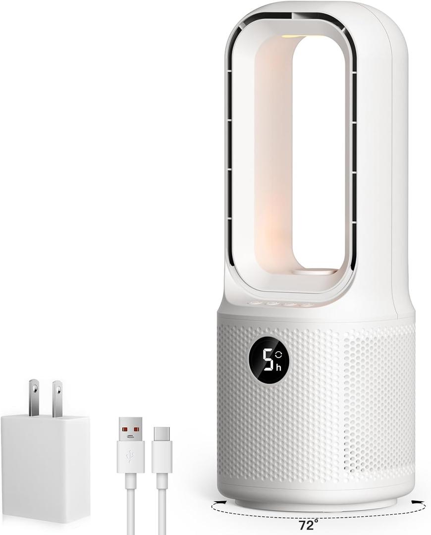Let'me Bladeless Desk Fan Small Quiet,5-Speed Bedside Table Fan with 3-Level Brightness Night Light, 72 Oscillation, 9-Hour Timer, Wired Power with Adapter,Fan for Bedroom Office Home,13x5 Incn