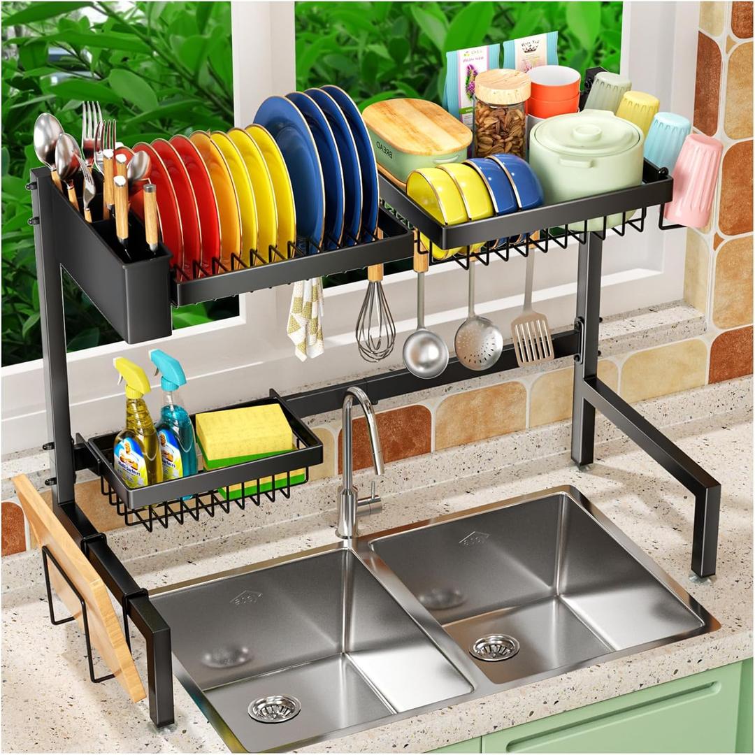 SNSLXH 2-Tier Over The Sink Dish Drying Rack, Kitchen Large Dish Drying Rack Over The Sink, Suitable for Most Sinks, Effective Dish Drying, Kitchen Drying Rack24.8"-35.4" (2 tiers 3 baskets)