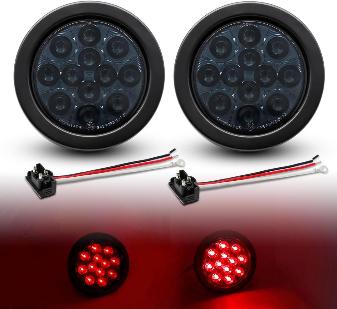 TMH 2pcs 4 Inch 12 Super Bright LED Stop Tail Turn Brake Light Smoked Lens Red Assembly Rubber Mount Grommet for Trucks Trailers