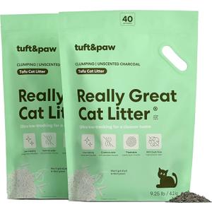 Tuft & Paw Really Great Cat Litter, Ultra Low Tracking Tofu Cat Litter, Clumping, Flushable, Odor Control, Dust-Free, Unscented - 9.25lbs x 2Bags (Charcoal)