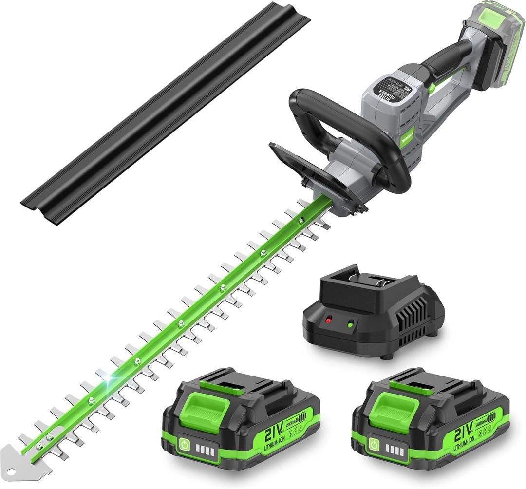 Hedge Trimmer Cordless 22" - 2 x 21V Batteries & Fast Charger, Easy to Use | 3200RPM Powerful Motor, Electric, 2.0Ah Lightweight Battery Powered Bush Trimmers for Garden, Yard Care, GT860 Green