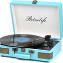 Record Player 3 Speed Bluetooth Portable Suitcase Vinyl Player with Built-in Speakers Turntable Enhanced Audio Sound PU Leather Vintage, Blue 