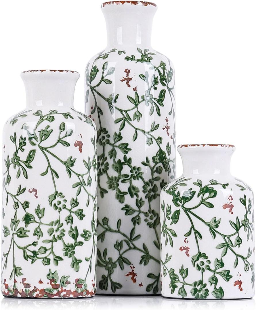 Green Ceramic Vase Set - 3 Chinoiserie Green Floral Vases, Farmhouse Country Flower Vase Home Decor, Living Room Decoration, Table Decoration, Fireplace Decor, and Entrance Decorations Centerpiece