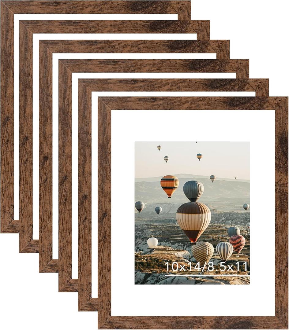 10x14 Picture Frame Set of 6 for 30 x 40 cm Diamond Art Painting, Display 8.5x11 with Mat or 10x14 without Mat, Wood 10 x 14 Wall Gallery Poster Photo Frames Bulk with 8.5x11 Mat,6 Pack, Deep Brown