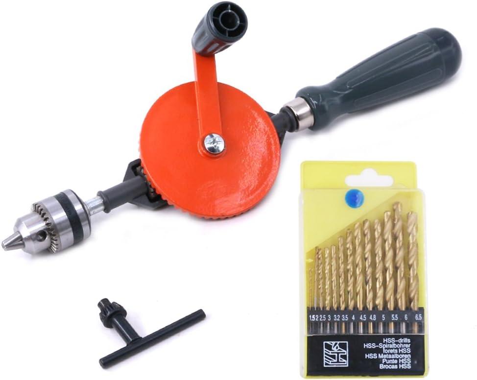 Swpeet Powerful Speedy Hand Drill 1/4-Inch Capacity with 13Pcs Drill Bit Set, Mini Hand Drill Manual  inch with Finely Cast Steel Double Pinions Design, Chucks and Grip Handle for Woods, Plastics