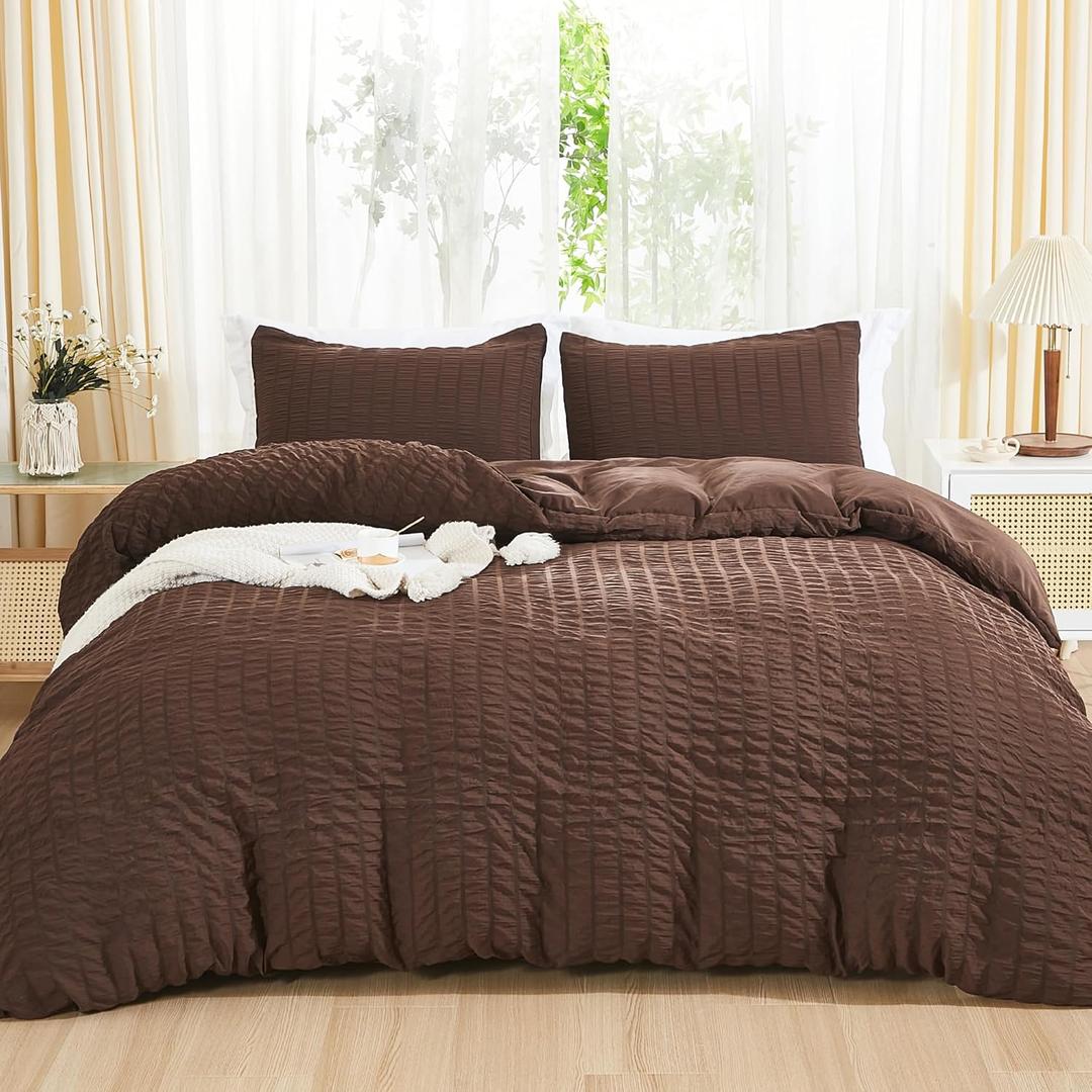 AveLom Brown Duvet Cover Full(80 x 90 inches), 3 Pieces (1 Duvet Cover, 2 Pillow Cases),Seersucker Tripe Soft Washed Microfiber Textured Duvet Cover Set with Zipper Closure, Corner Ties