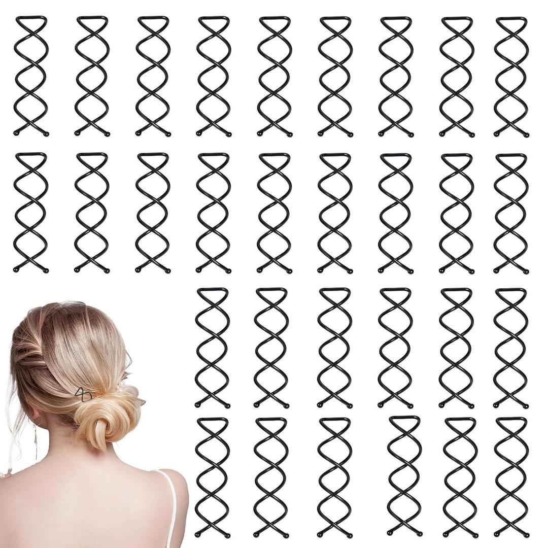 30Pcs Black Spiral Bun Pins, 1.97 Inch Spin Pin for Thick Hair Spiral Twist Bobby Pins, Non-scratch Round Clip and Bun Twist for Girls, Women and Kids, Black