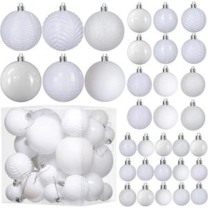 Prextex 36 Piece White Christmas Ornaments and Balls - White Ornament Set with 3 Sizes and 6 Styles - Shatterproof Christmas Ornaments for Tree, Wreath, and Holiday Decor for Indoor or Outdoor Display