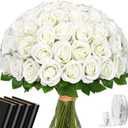 Waipfaru 50 Pcs White Roses Artificial Flowers Bulk, Real Touch Velvet Roses with Wrapping Paper, Fake Flowers for Wedding Centerpieces Bridal Bouquet Valentines Mothers Day Decor