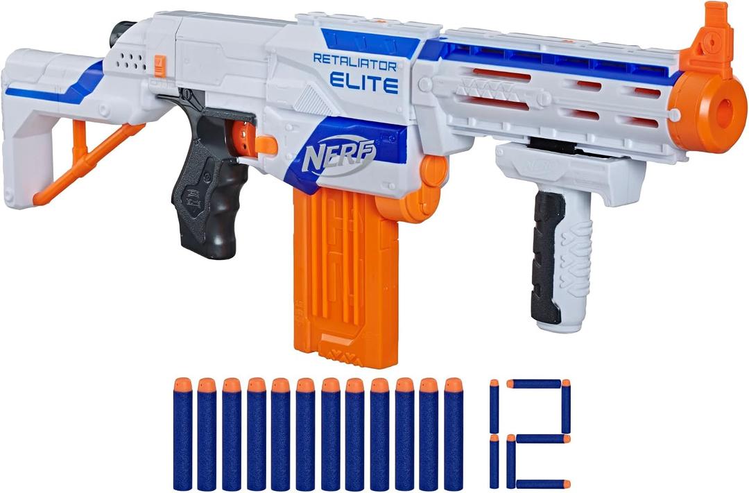 NERF N-Strike Elite Retaliator Blaster, Stock, Grip, Barrel, 12-Clip, 12 Darts, Outdoor Toys for Kids 8+ Frustration-free Packaging