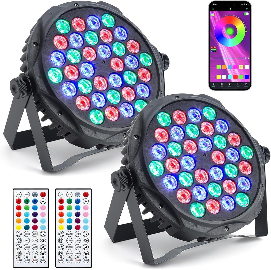 Bluetooth Party Lights, 36LED Party Light with IR Remote, DJ Lights with Music Sound Activated, Timed Floodlight with Fan Suitable for Family Parties, Music Studio, 2 Packs