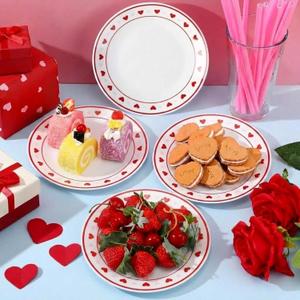 Hushee 6 Pcs Valentines Dessert Plate 6 Inch Round Heart Ceramic Plates Valentine Salad Dishes for Valentines Party Wedding Party Kitchen Food (Cute)