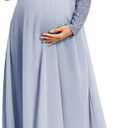 CYCLAMEN Maternity Dress Flowy A-Line Wrap Gown with Floral Lace and Contrast Chiffon Long Sleeve V Neck for Baby Shower, M