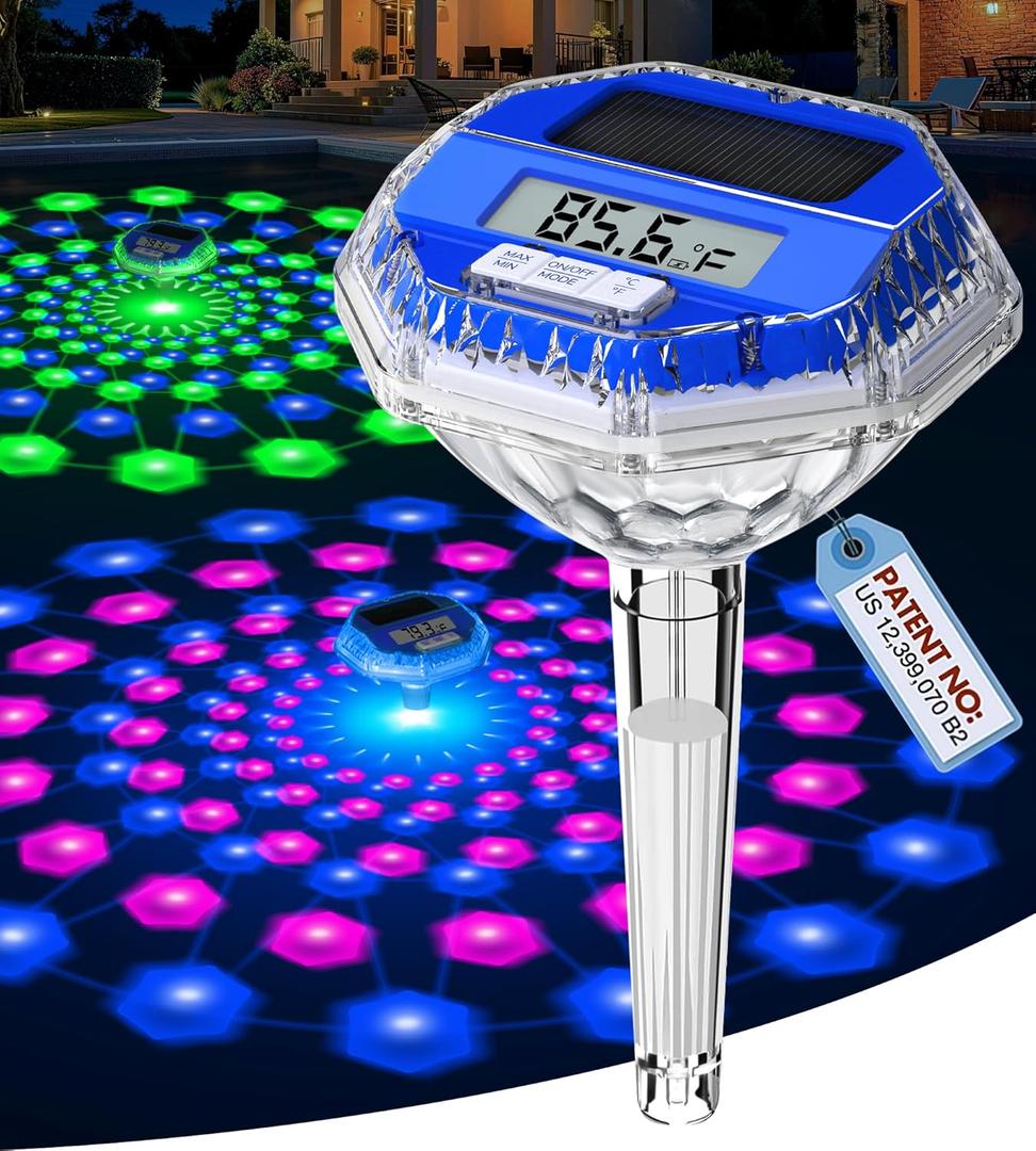 Sinbyuer 2026 Upgrade Digital Solar Pool Thermometer Easy Read | Pool Temperature Thermometer Floating with Dynamic Light Show | Large LCD Screen & Big Number Pools Temperature Gauge for Hot Tub & Spa
