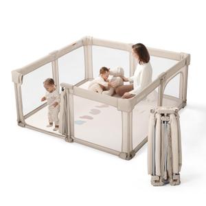 Baby Playpen Portable, Pre-Assembled Play Pen 59x59 Large Foldable Playpen for Babies and Toddlers, Sturdy and Safe Toddler Play Yard Indoor Outdoor with Carry Bag, Khaki