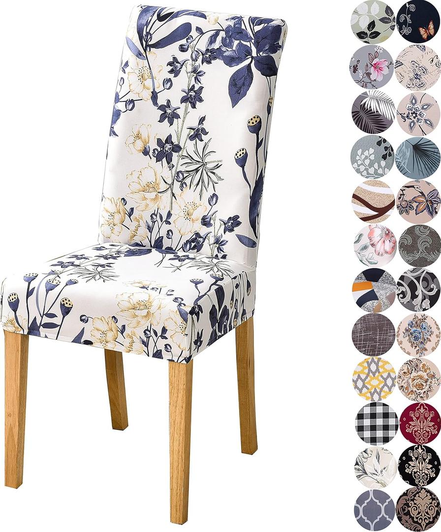 Chair Covers for Dining Chairs Set of 6, Stretchy Soft Parson Chair Covers Removable Washable Kitchen Dining Room Chair Slipcovers with Elastic for Universal Fit (Flowers Beige III)