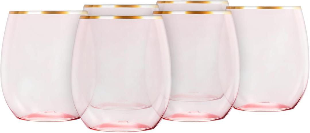 Elegant Stemless Pink Wine Goblets With Gold Rim - 12 Oz. (Pack of 6) - Unique & Sophisticated Design - Perfect For Enhancing Wine Tasting Experience