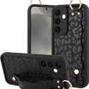 OOK Compatible with Samsung Galaxy S24 Plus Case with Wrist Strap, Cute Black Leopard Cheetah Pattern Soft TPU Bumper Shockproof Protection Slim Cover for Women Girls, for 6.7inch