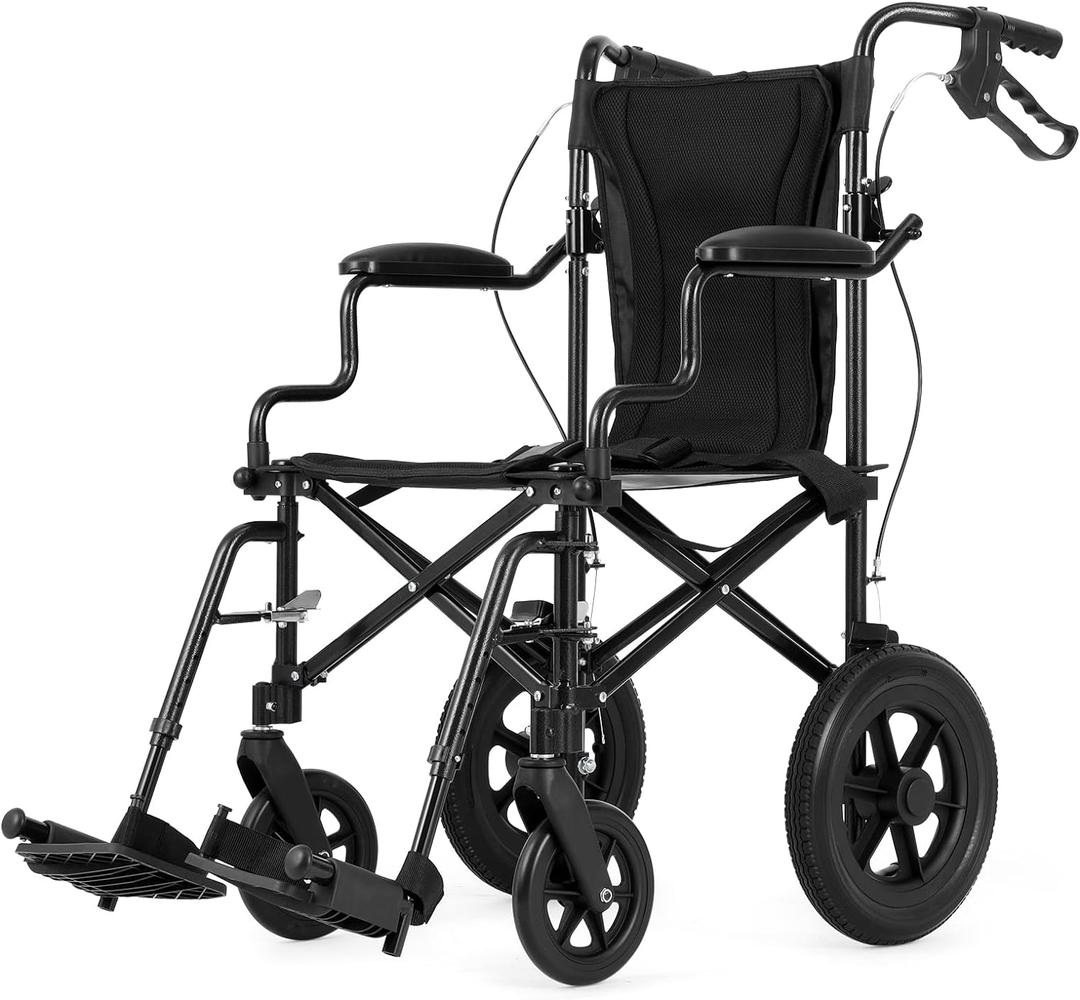 Ultralight Transport Wheelchair for Adults & Kids, Weights only 22lbs, Folding Travel Wheelchair with Handbrakes, Detachable Footrests, Swing Away Armrests and 12" Rear Wheels, Black