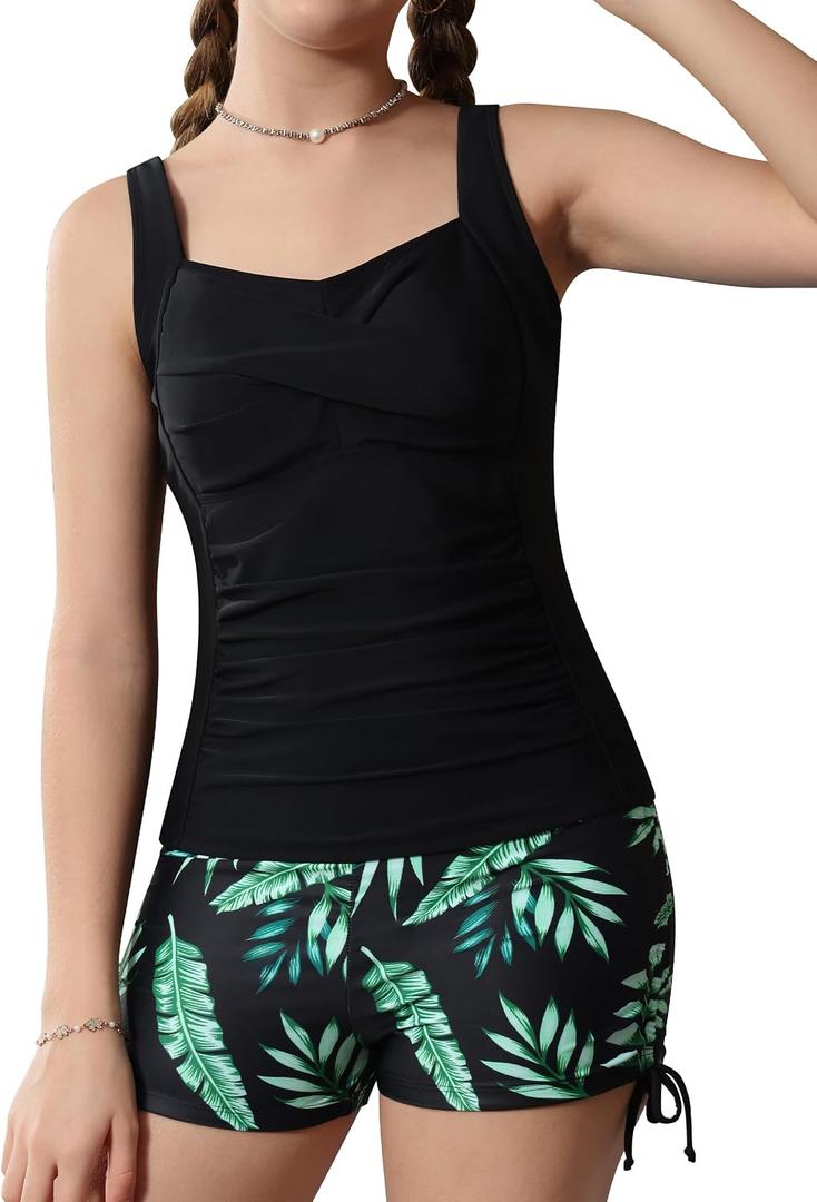 Girls Tankini Swimsuit 2 Piece Bathing Suits Printed Drawstring Swimwear Set for Girls 13-14 Years