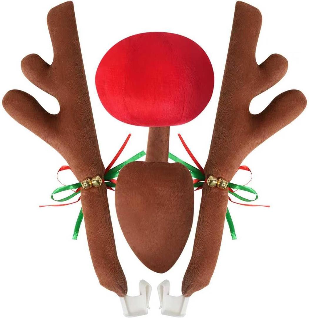 Christmas Car Reindeer Antlers with Red Nose, Tail & Jingle Bells Kit, Vehicle Xmas Decoration Rudolph Reindeer for SUV, Van, Truck