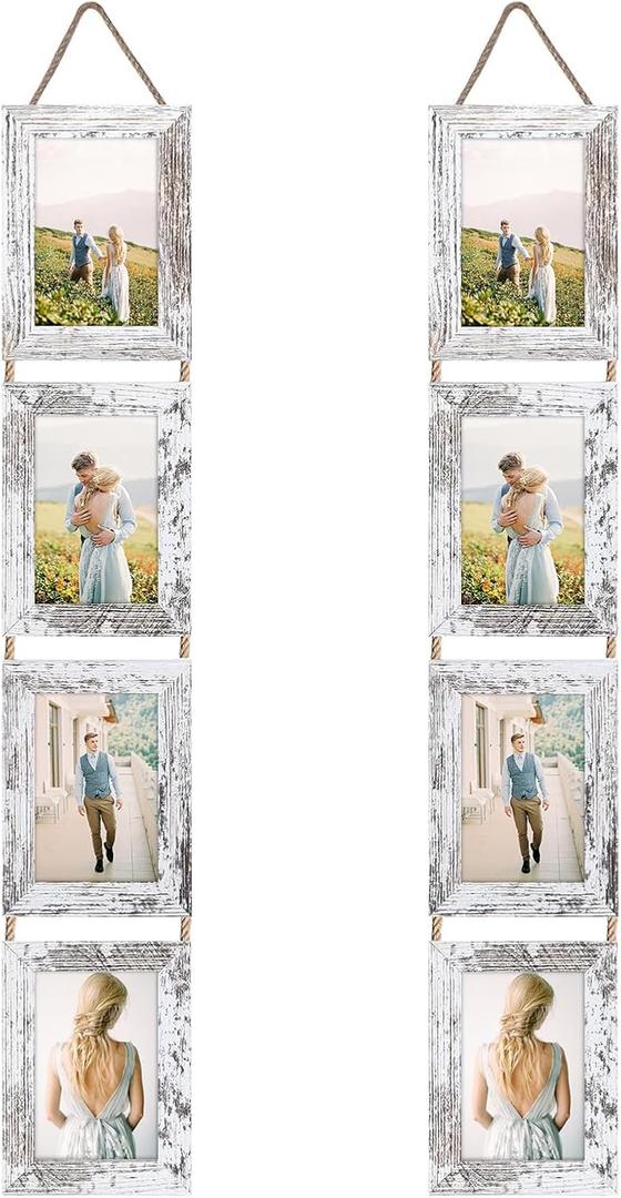 Lavezee 4x6 Hanging Collage Picture Frames Set of 2, 8 Opening Vertical Frame Made to Display 4 by 6 Inch Photo for Wall Decor, Distressed White